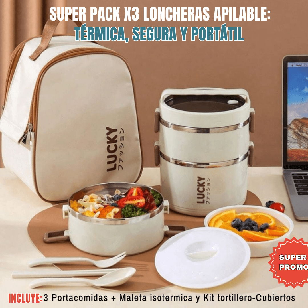 SUPER COMBO x3 PORTA COMIDAS TERMICOS + MALETA Y KIT TORTILLERO-CUBIERTOS ¡GRATIS!