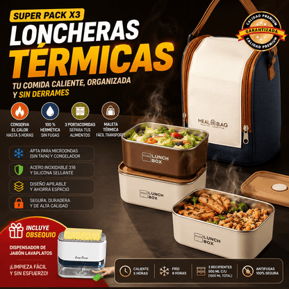 SUPER COMBO x3 PORTA COMIDAS TERMICOS + MALETA ISOTÉRMICA Y ¡OBSEQUIO!