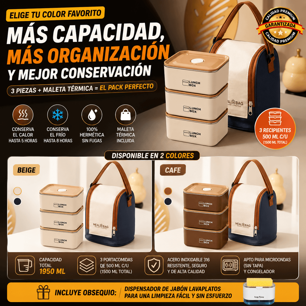 SUPER COMBO x3 PORTA COMIDAS TERMICOS + MALETA ISOTÉRMICA Y ¡OBSEQUIO!