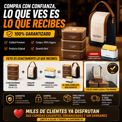SUPER COMBO x3 PORTA COMIDAS TERMICOS + MALETA ISOTÉRMICA Y ¡OBSEQUIO!