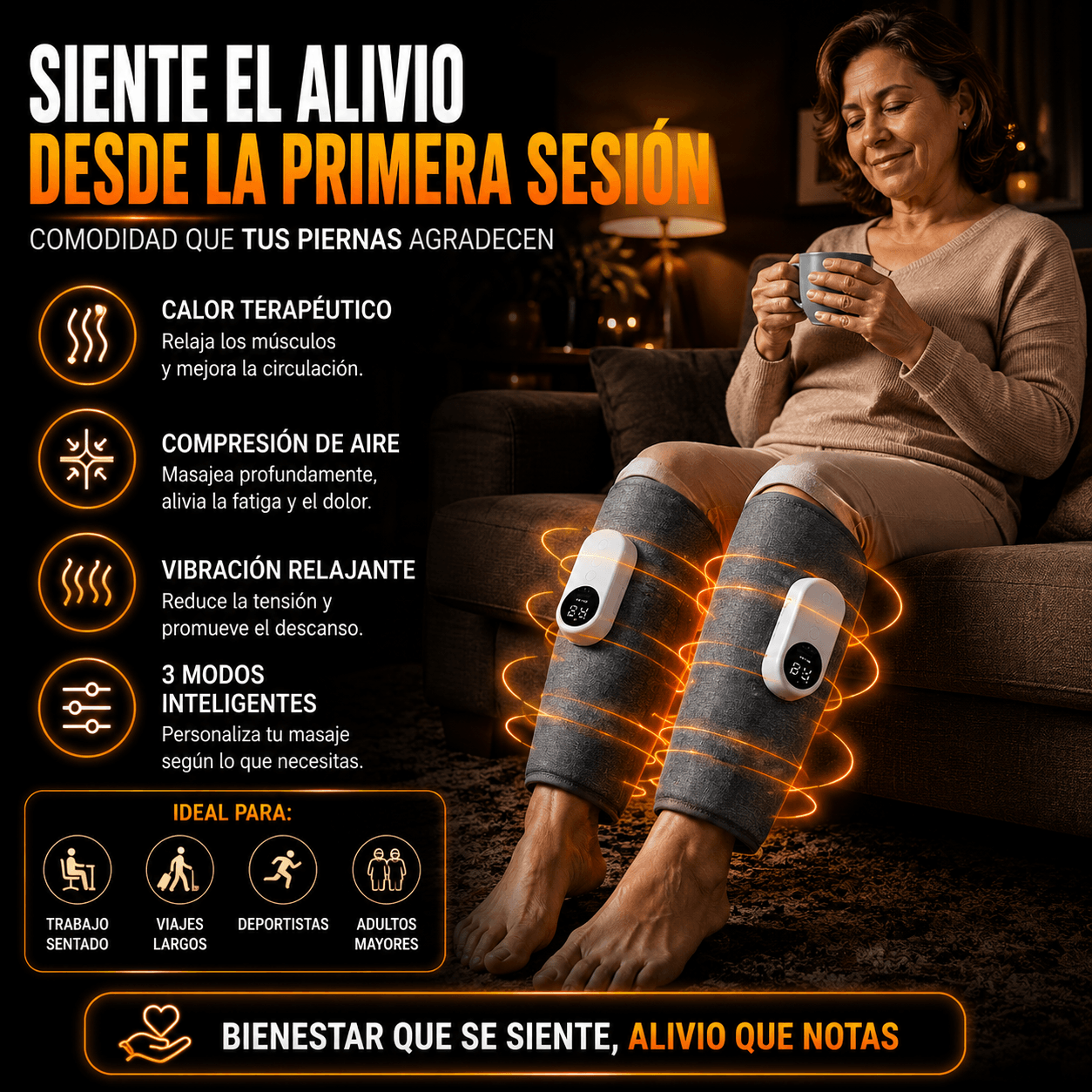 ALIVIOMAX | MASAJEADOR  PARA PIERNAS CANSADAS CON TECNOLOGÍA DE COMPRESIÓN, AIRE Y CALOR