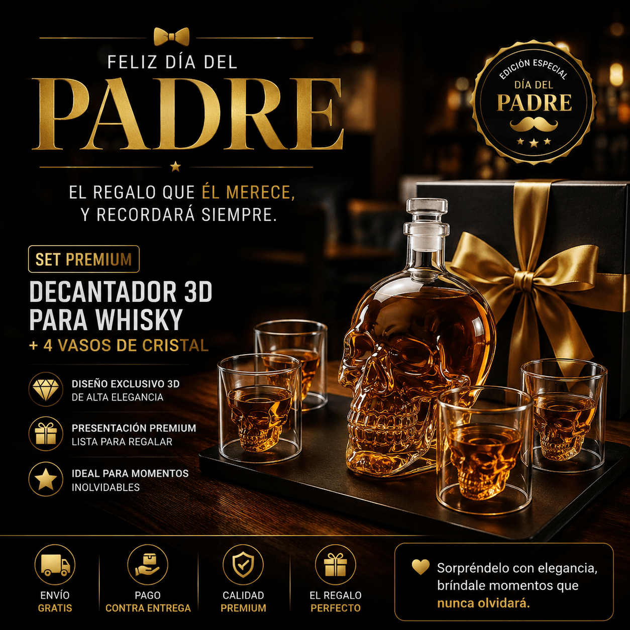 DECANTADOR PREMIUM 3D PARA WHISKY + 4 VASOS DE CRISTAL